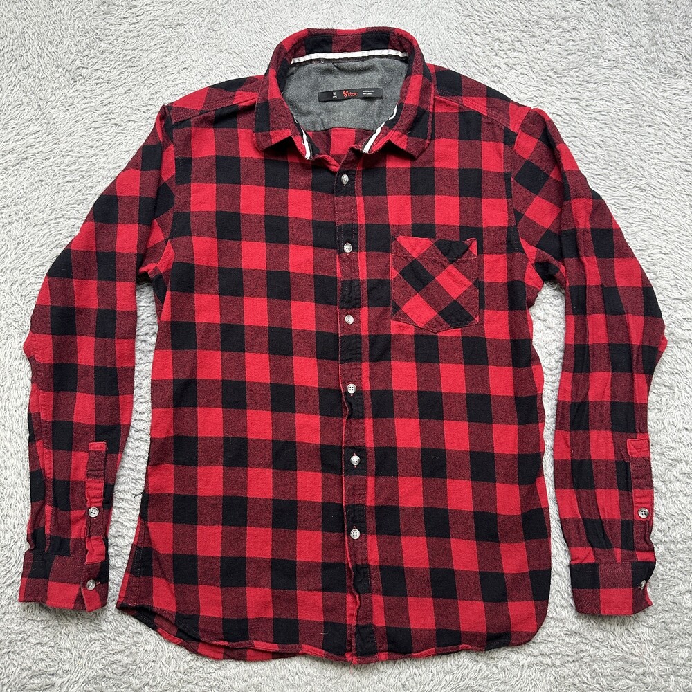 Flannel Shirt Mens M Red Buffalo Check Plaid Button Long Sleev 100% Cotton Stoic